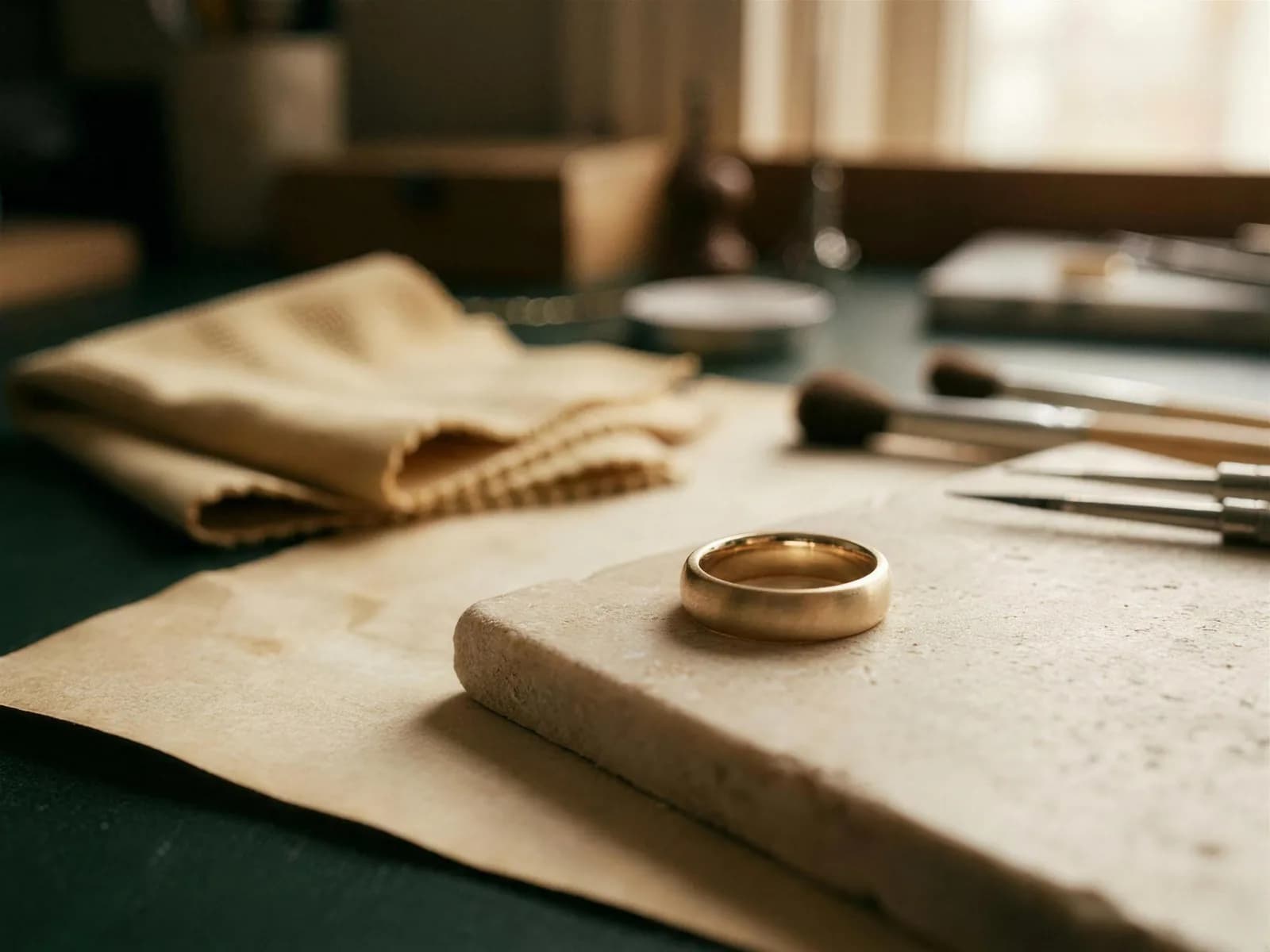 Frisch aufgearbeiteter Goldring auf einem Stein am Werktisch