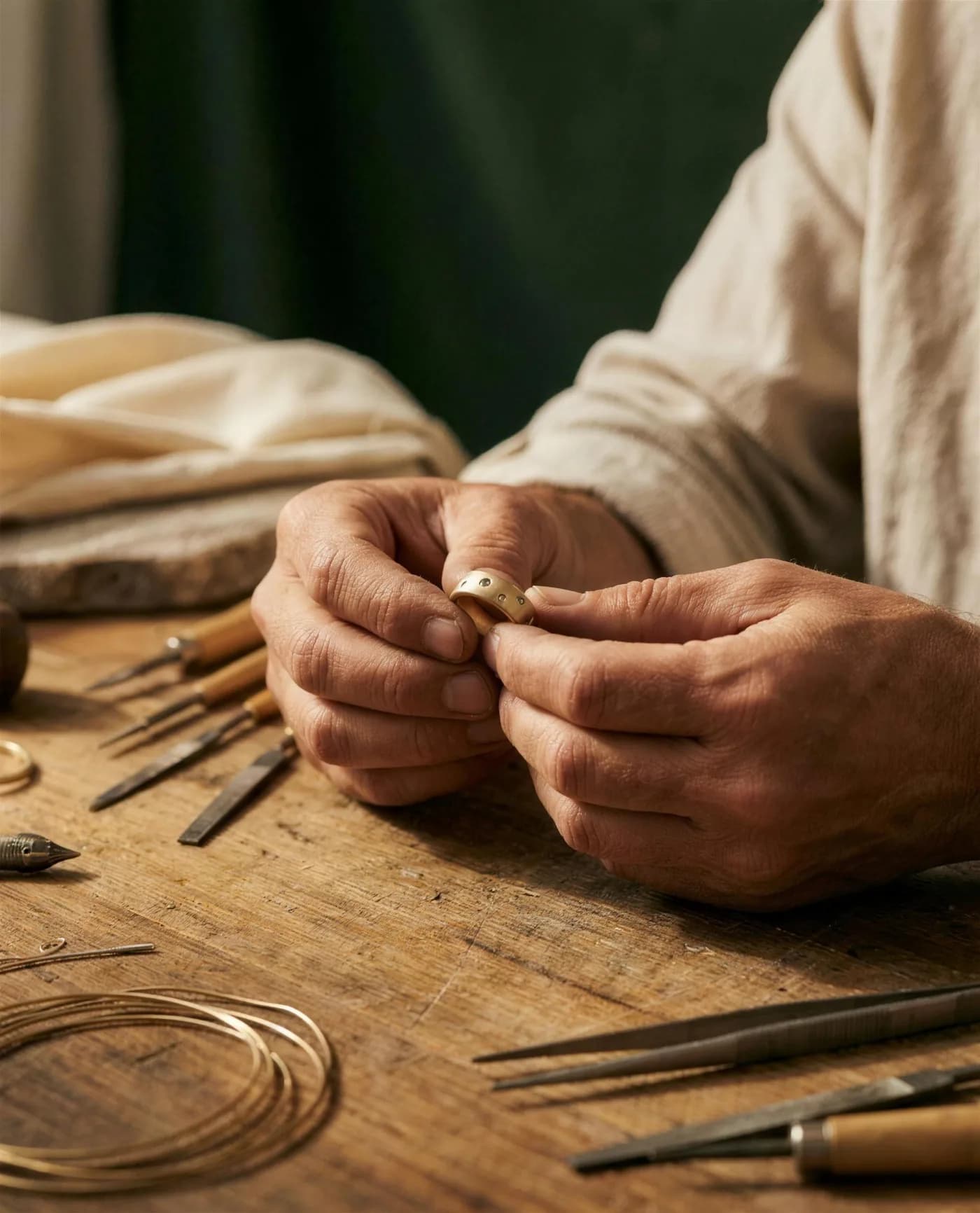 Goldschmiede-Hände bei der Arbeit an einem Goldring am Werktisch