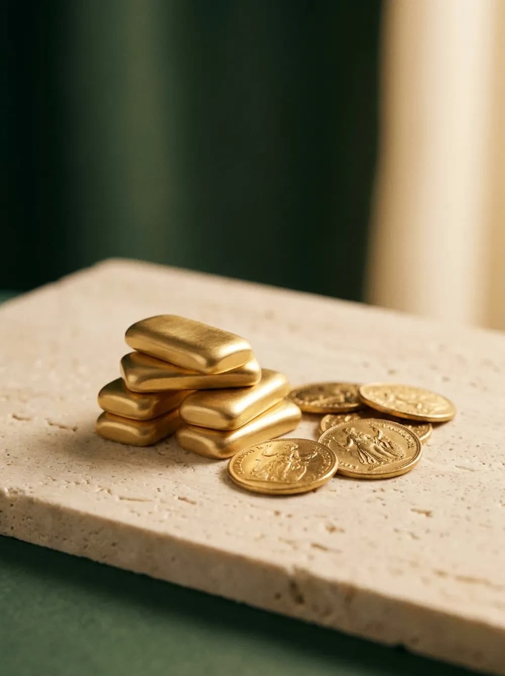 Goldbarren und Goldmünzen auf hellem Stein